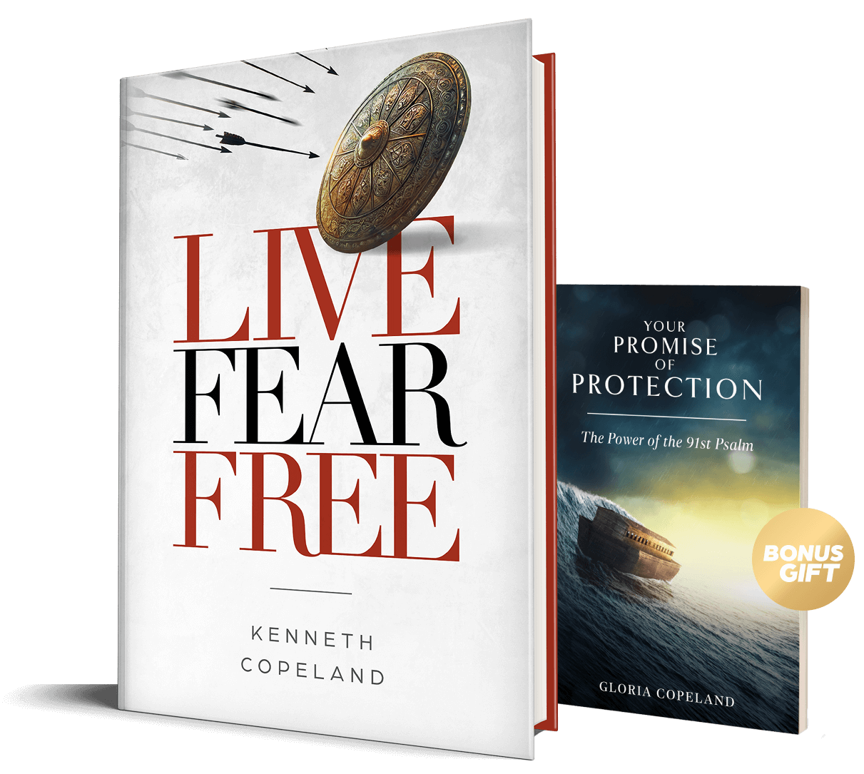 Two Christian Books are displayed. The Main book is titled Live Fear Free by Kenneth Copeland, featuring a design with flying arrows and a shield. Behind the main book is a smaller book titled Your Promise of Protection by Gloria Copeland, with a Bonus Gift sticker.